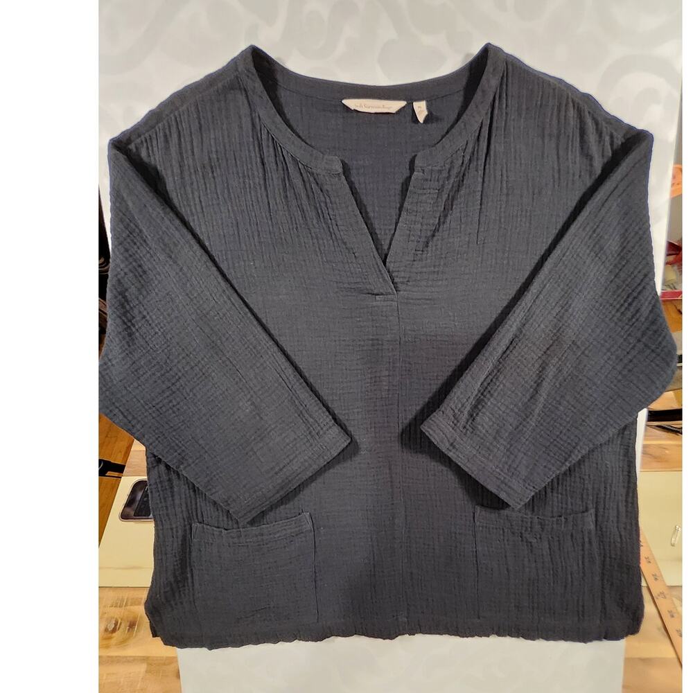Soft Surroundings Black Gauze Tunic Top Pockets PL Petite